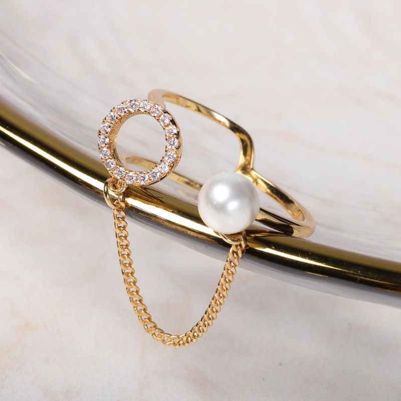 Bague À Fin Ouverte Tendance Bague En Perle Ronde En Zircon Plaqué Or 18k Pour Femme