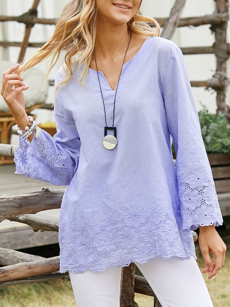 Blouse Décontractée À Manches Longues À Encolure Crantée Pour Femmes