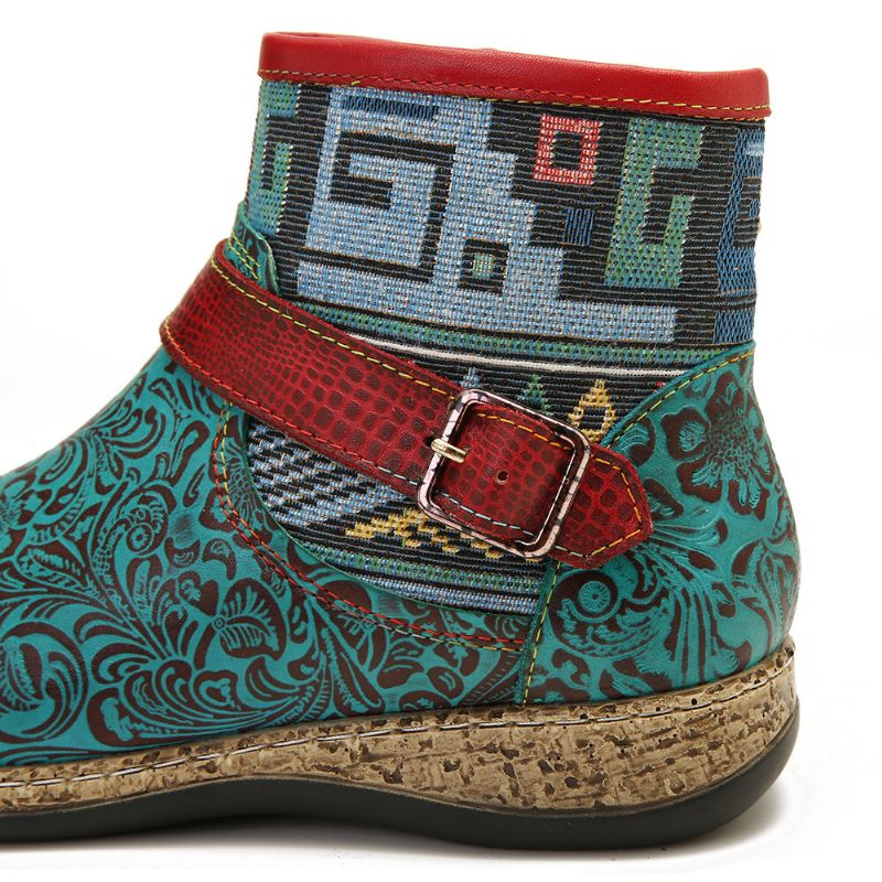 Bottines Socofy Retro En Cuir Véritable Vert Gaufré Pour Femme