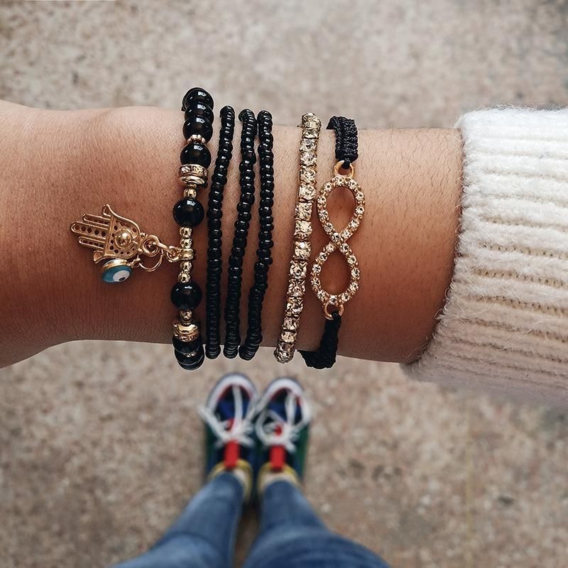 Bracelet Tissé Diamant Tendance Bracelet Multicouche Tête Or Métallique Pour Femme