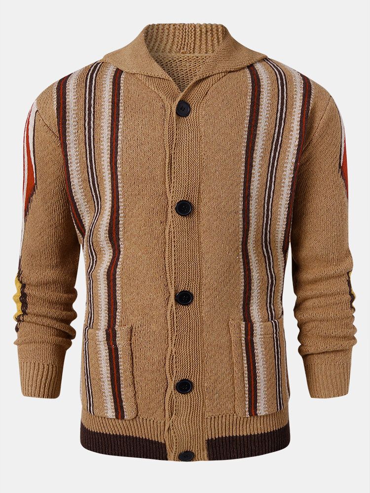 Cardigans Décontractés À Double Poche En Tricot À Rayures Pour Hommes