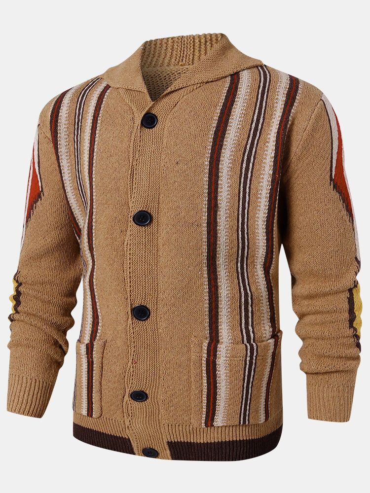 Cardigans Décontractés À Double Poche En Tricot À Rayures Pour Hommes