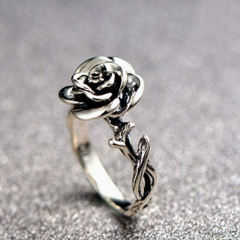 Doux Fleur Antique Silve Bagues Élégant Sculpté Rose Fleur Anneau Mignon Bijoux Pour Fille Femmes