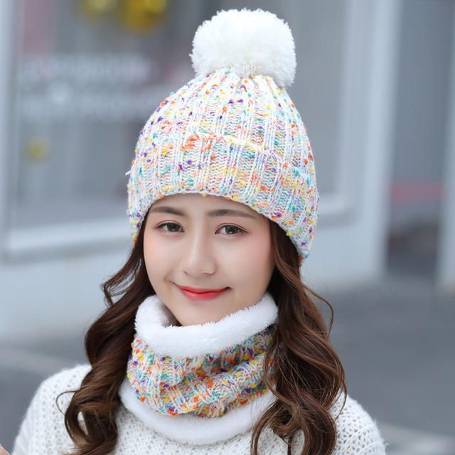 Épais Chaud Bonnet En Laine Bavoir Ensemble Deux Pièces Bonnet Chaud Hiver Pom Bonnet