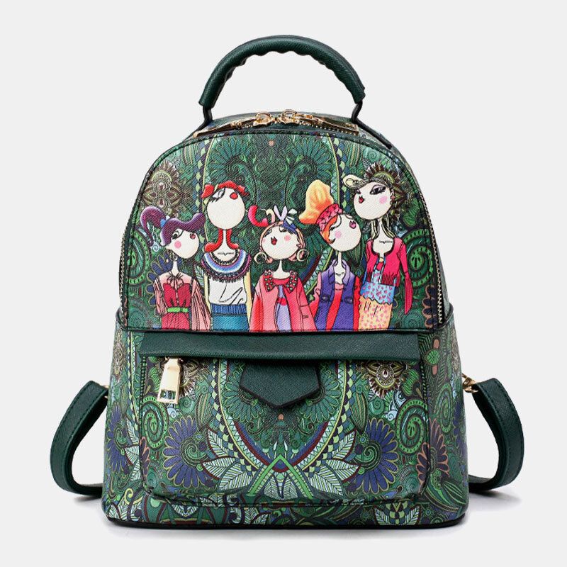 Femmes En Cuir Dessin Animé Motif Imprimé Grande Capacité Sac À Dos Sac À Bandoulière Sac À Main
