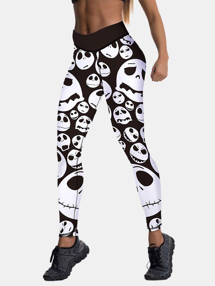 Femmes Halloween Style Squelette Imprimé Hip Lifting Sport Taille Haute Pantalon Slim