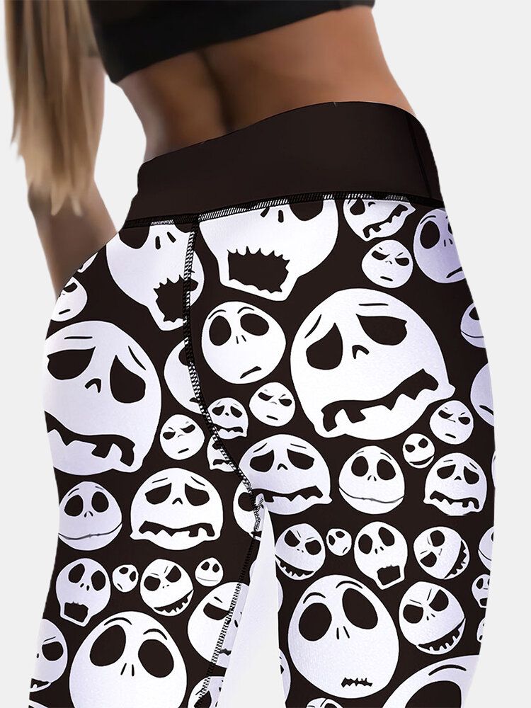 Femmes Halloween Style Squelette Imprimé Hip Lifting Sport Taille Haute Pantalon Slim