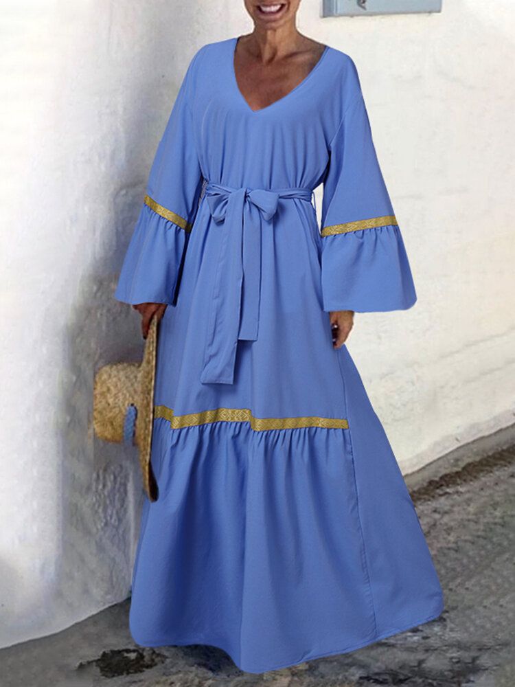 Femmes Manches Longues Manches Évasées Lâches Épissé Solide Géométrique Maxi Longueur Robes Mi-longues