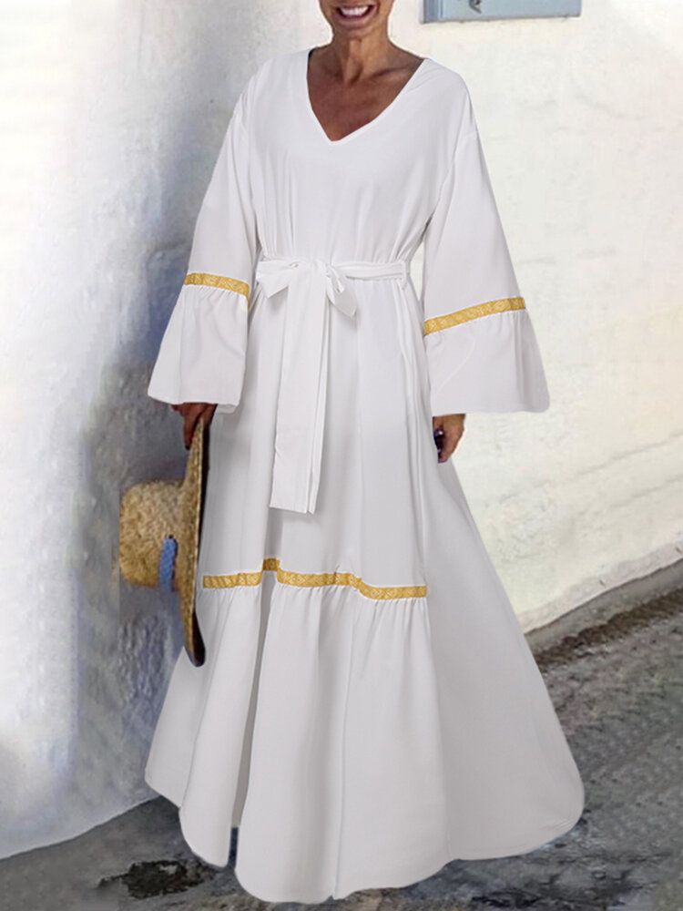 Femmes Manches Longues Manches Évasées Lâches Épissé Solide Géométrique Maxi Longueur Robes Mi-longues