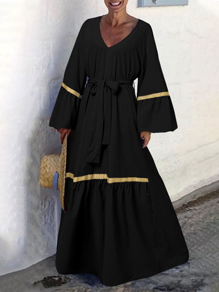 Femmes Manches Longues Manches Évasées Lâches Épissé Solide Géométrique Maxi Longueur Robes Mi-longues