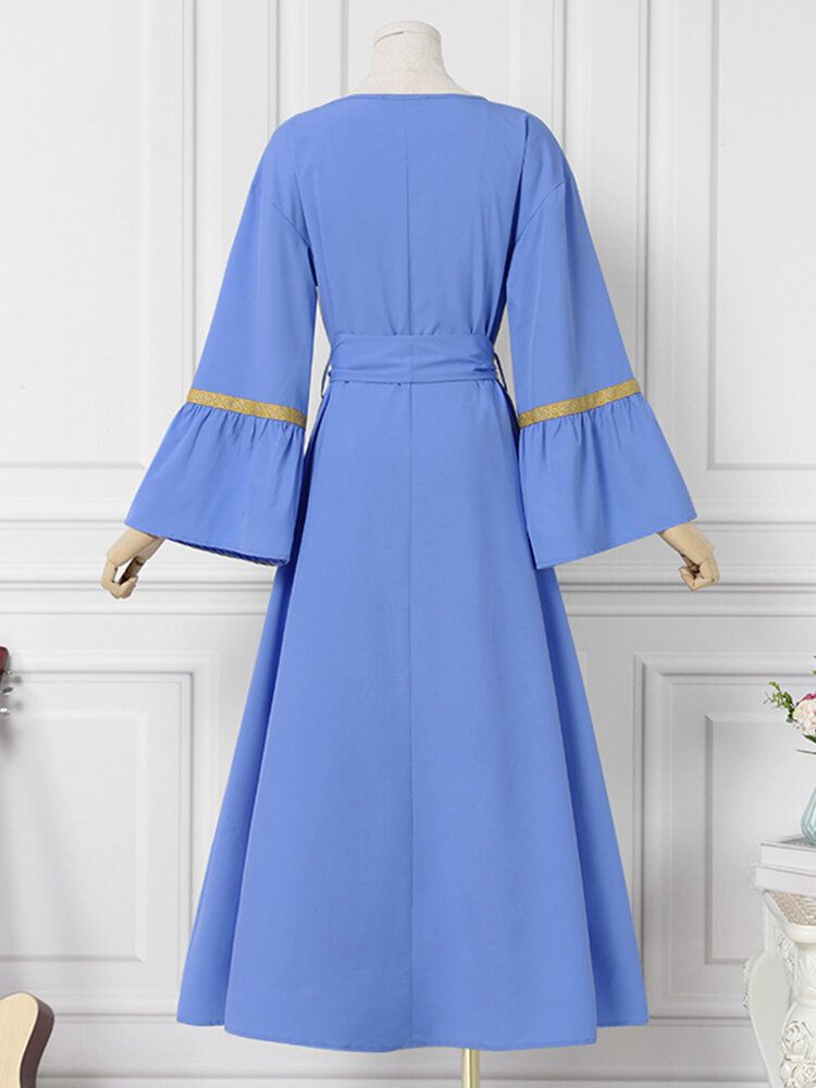 Femmes Manches Longues Manches Évasées Lâches Épissé Solide Géométrique Maxi Longueur Robes Mi-longues