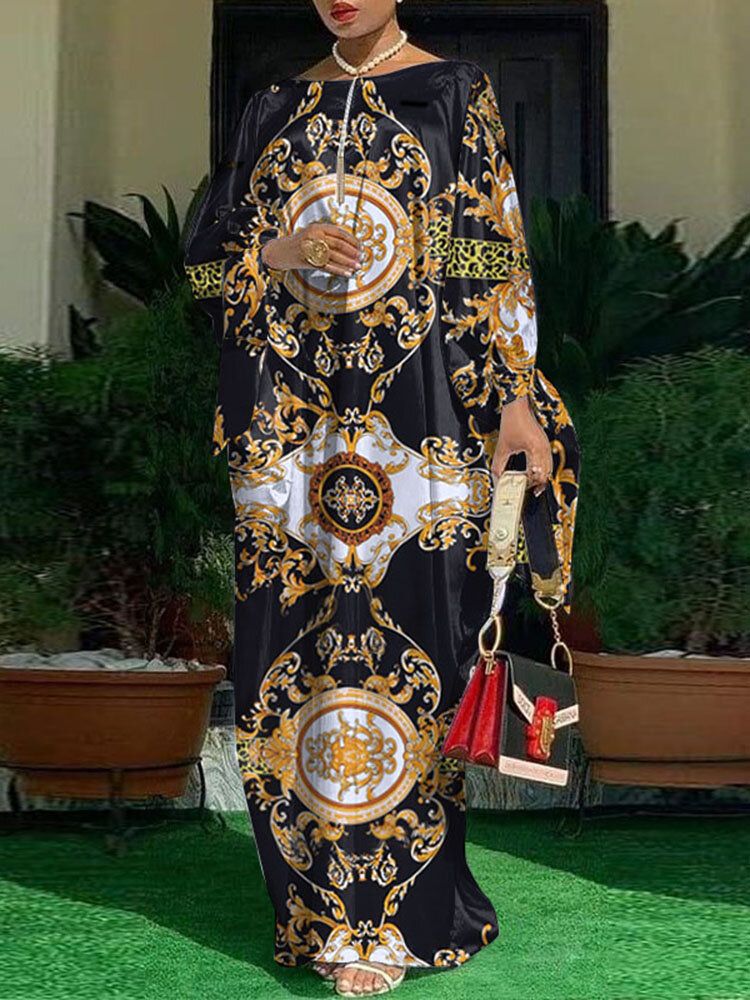 Femmes Plis Floral Élégant Motif D'impression Spécial À Manches Longues Étage Longueur Plus La Taille Robes Midi