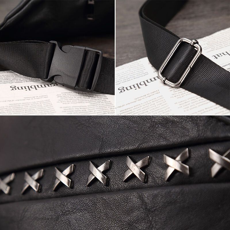 Hommes En Cuir Pu Multifonction Antivol Poche Taille Sac All-match Rivet Décorer Sac De Poitrine Étanche Sac À Bandoulière