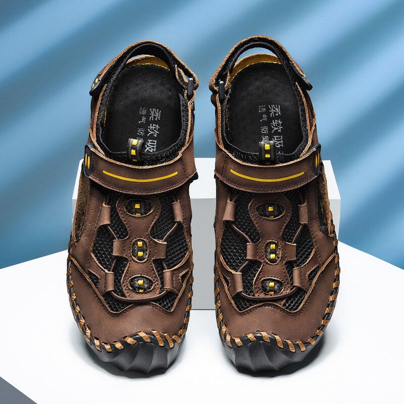 Hommes Cuir De Vachette Respirant Maille Antidérapant Couture À La Main Doux Extérieur Sandales Décontractées