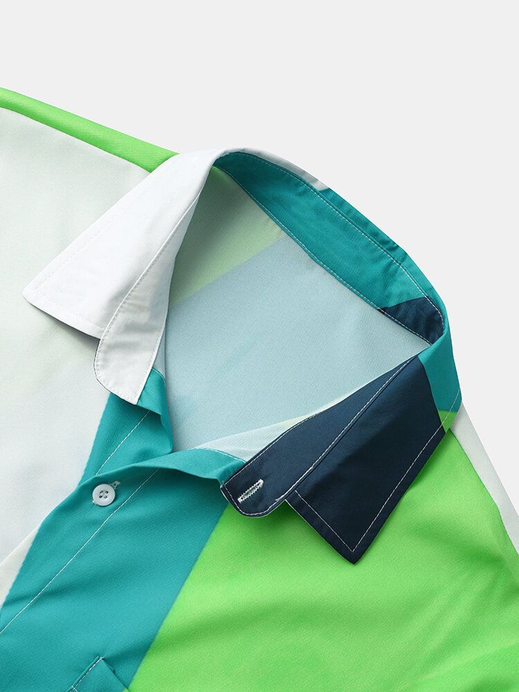 Hommes Géométrique Colorblock Boutons Avant Doux Respirant Chemises Décontractées