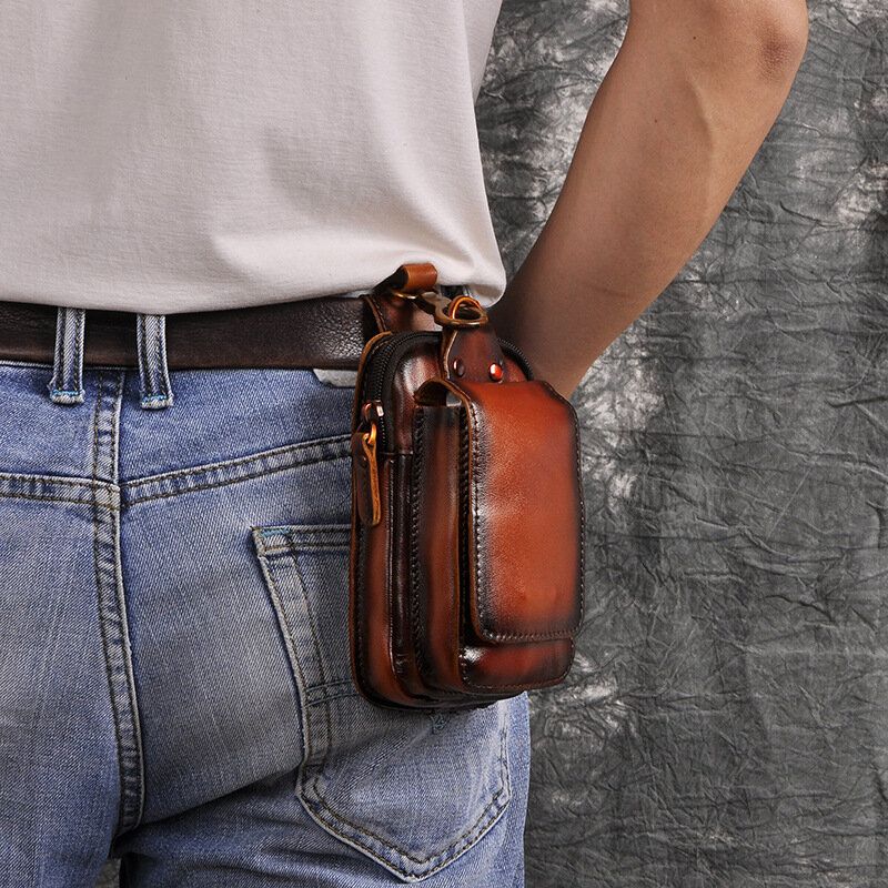 Hommes Rétro Double Couche 6.3 Pouces Téléphone Sac Taille Sac Mat Doux Première Couche Peau De Vache Ceinture Sac