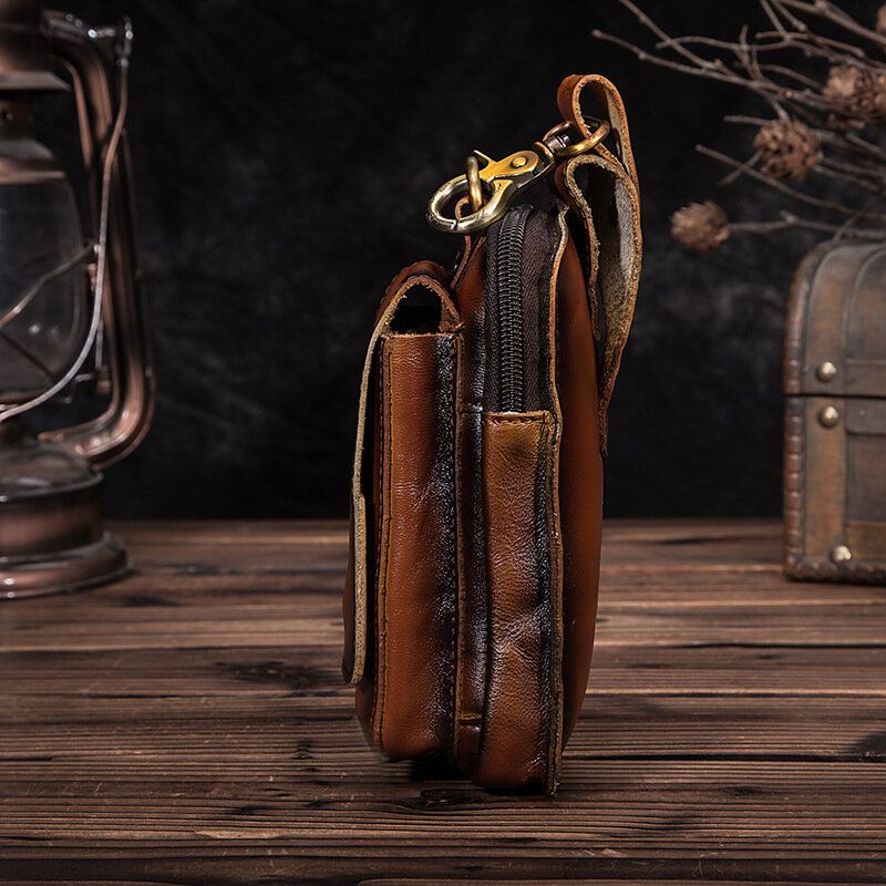 Hommes Rétro Double Couche 6.3 Pouces Téléphone Sac Taille Sac Mat Doux Première Couche Peau De Vache Ceinture Sac