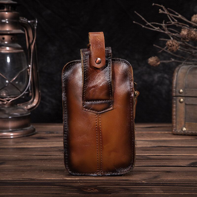 Hommes Rétro Double Couche 6.3 Pouces Téléphone Sac Taille Sac Mat Doux Première Couche Peau De Vache Ceinture Sac