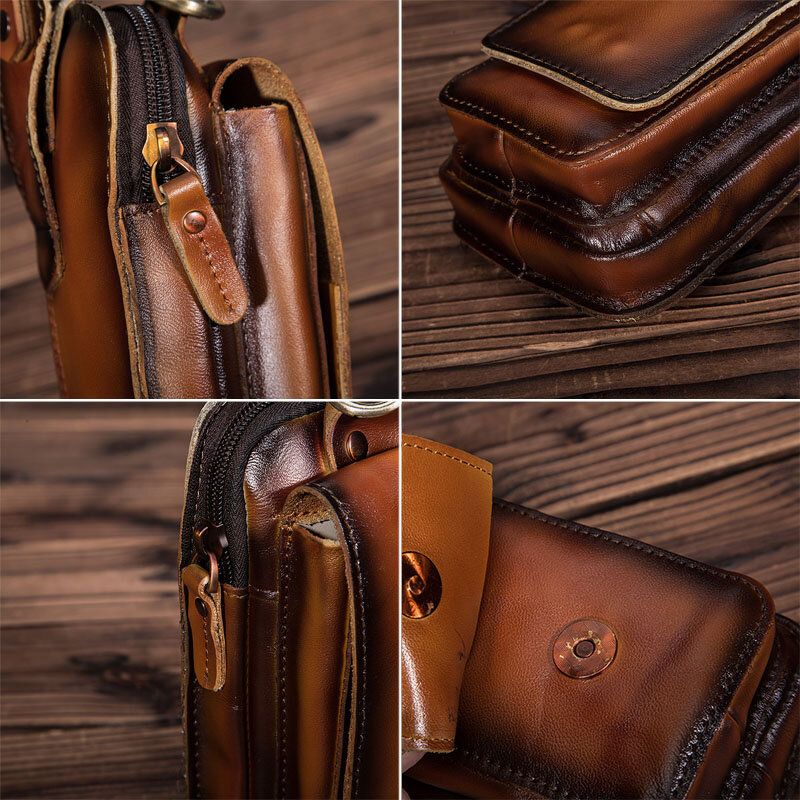 Hommes Rétro Double Couche 6.3 Pouces Téléphone Sac Taille Sac Mat Doux Première Couche Peau De Vache Ceinture Sac