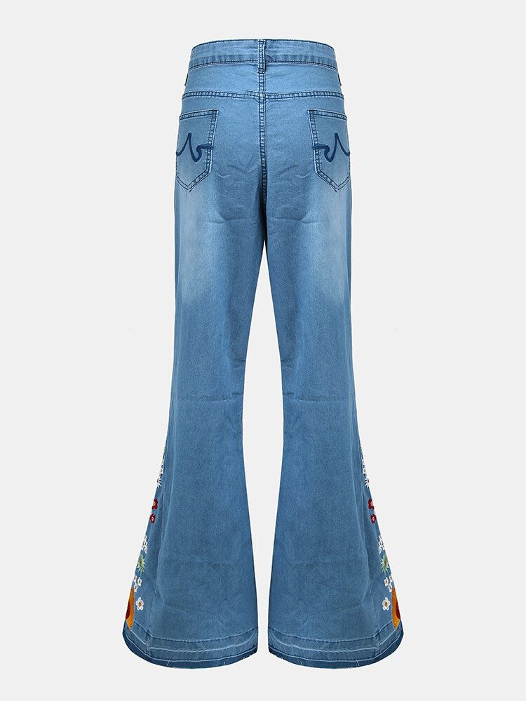 Jeans Décontractés Élégants Avec Broderies Florales Pour Femmes Avec Poches