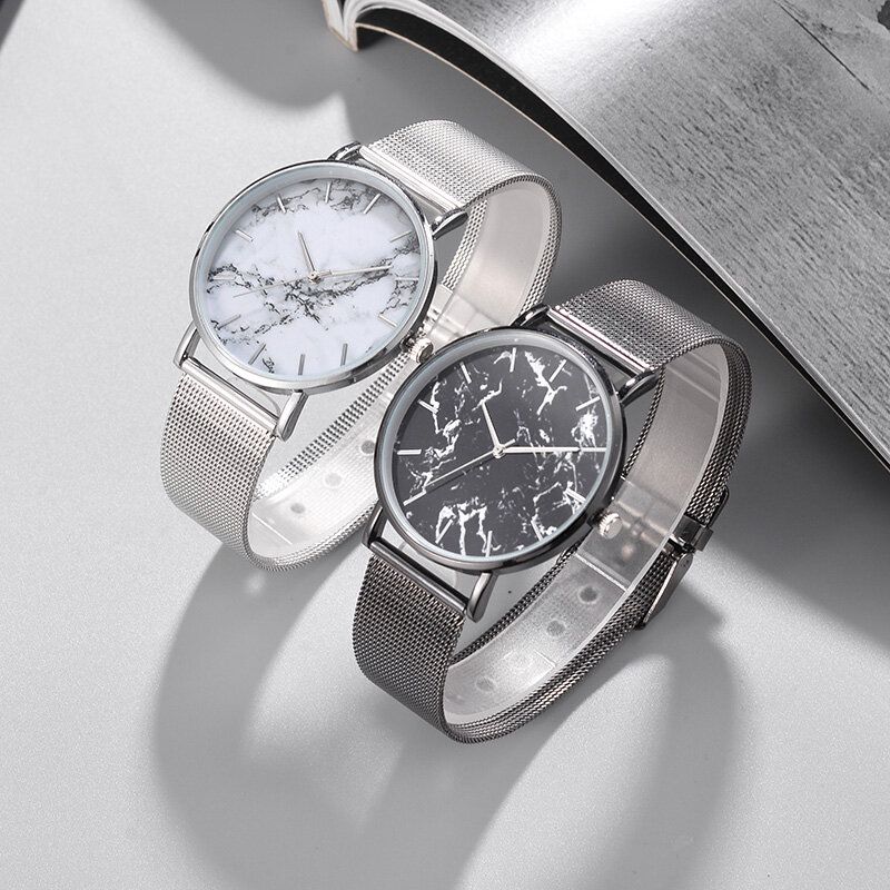 Loisir Sport Femmes Montre Alliage Cas Maille Bande Réglable Fermoir Pliant Creative Marbre Quartz Montres
