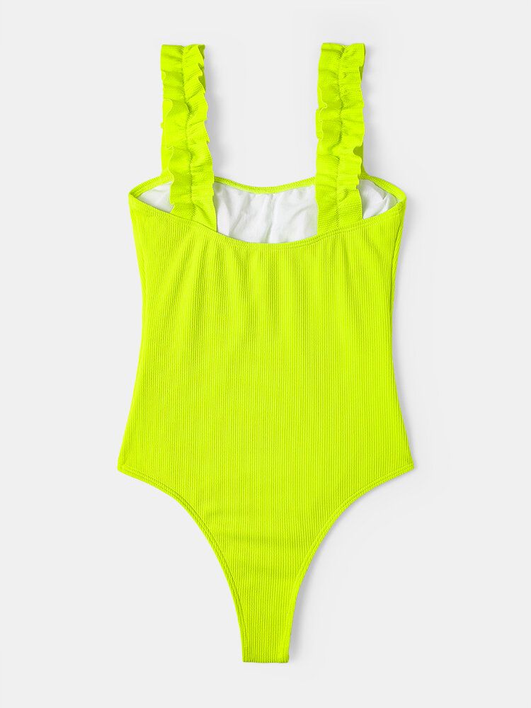 Maillot De Bain Une Pièce Hawaïen Pour Femme Avec Bretelles À Volants De Couleur Unie