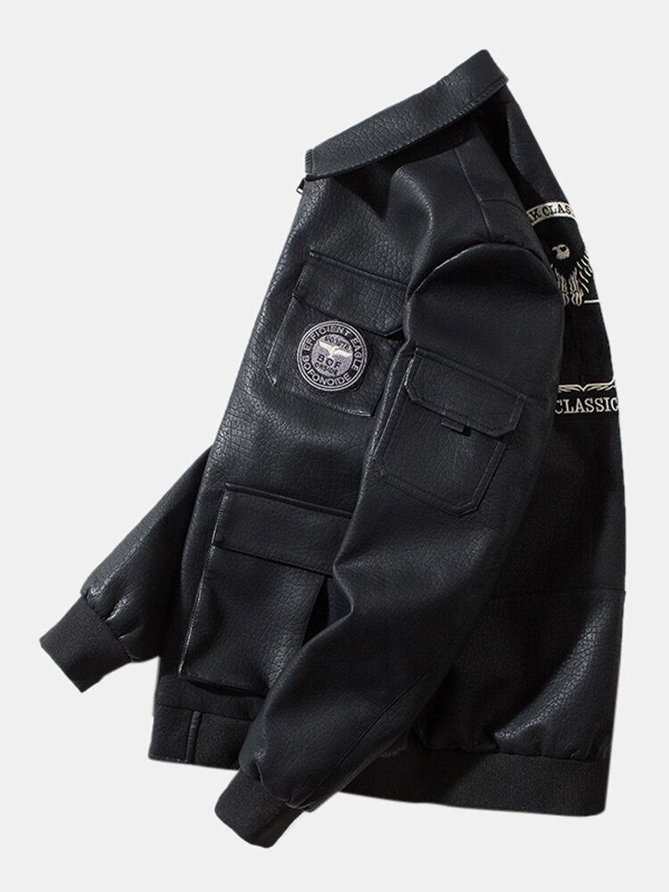 Mens Broderie Multi Poches Zipper Revers Pu Cuir Moto Vestes