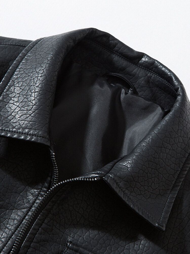Mens Broderie Multi Poches Zipper Revers Pu Cuir Moto Vestes