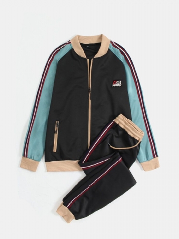 Mens Vintage Contrast Color Zipper Jacket Jogging Pants Ensembles De Sport Deux Pièces
