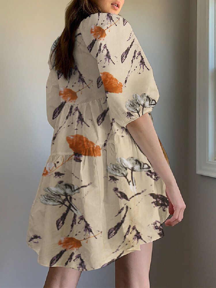 Mini-robe Décontractée À Imprimé Floral Et Col Rond À Manches Bouffantes