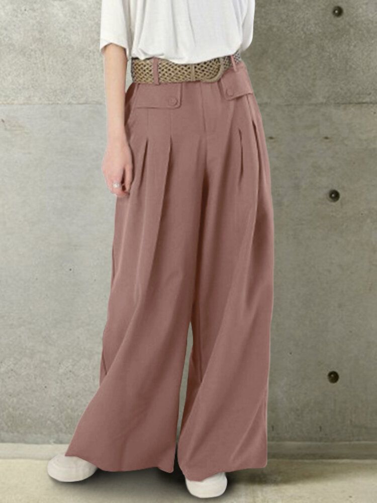 Pantalon Décontracté Ample À Jambe Large Avec Bouton De Couleur Unie Pour Femmes Avec Poche