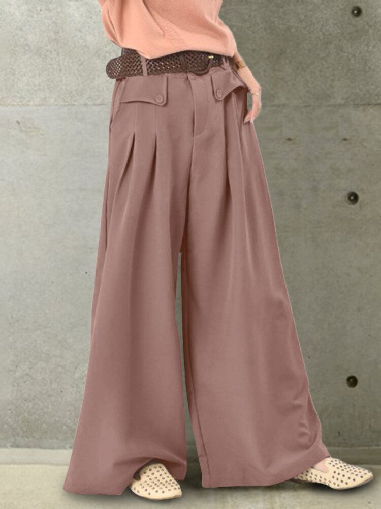 Pantalon Décontracté Ample À Jambe Large Avec Bouton De Couleur Unie Pour Femmes Avec Poche