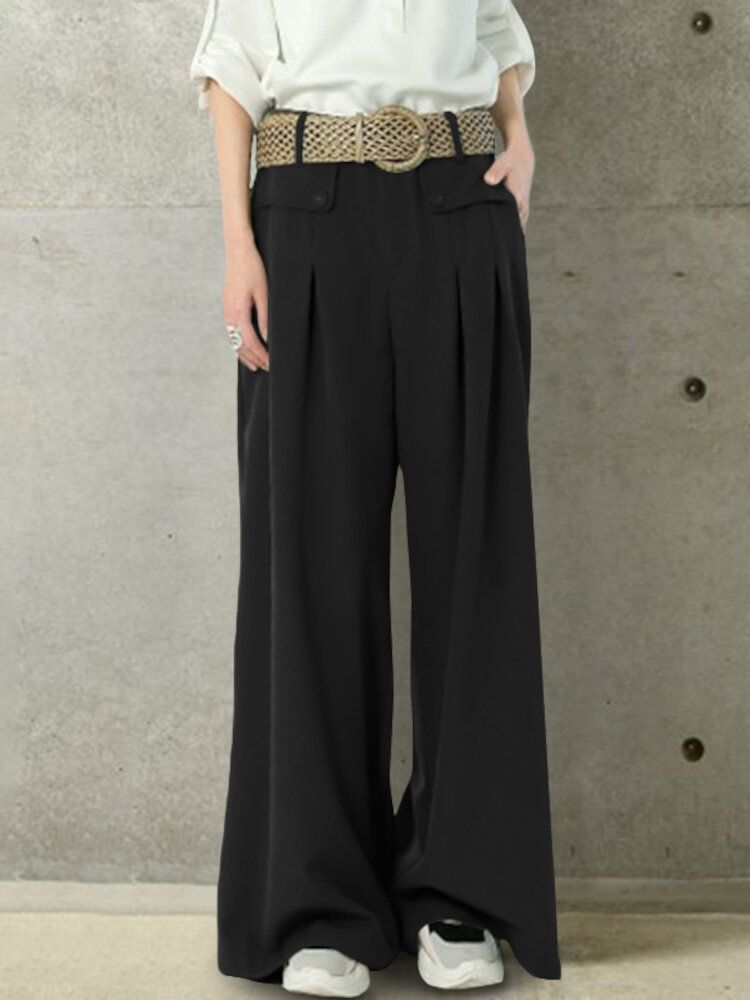 Pantalon Décontracté Ample À Jambe Large Avec Bouton De Couleur Unie Pour Femmes Avec Poche