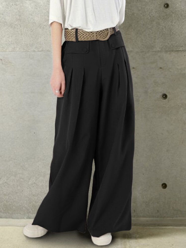 Pantalon Décontracté Ample À Jambe Large Avec Bouton De Couleur Unie Pour Femmes Avec Poche