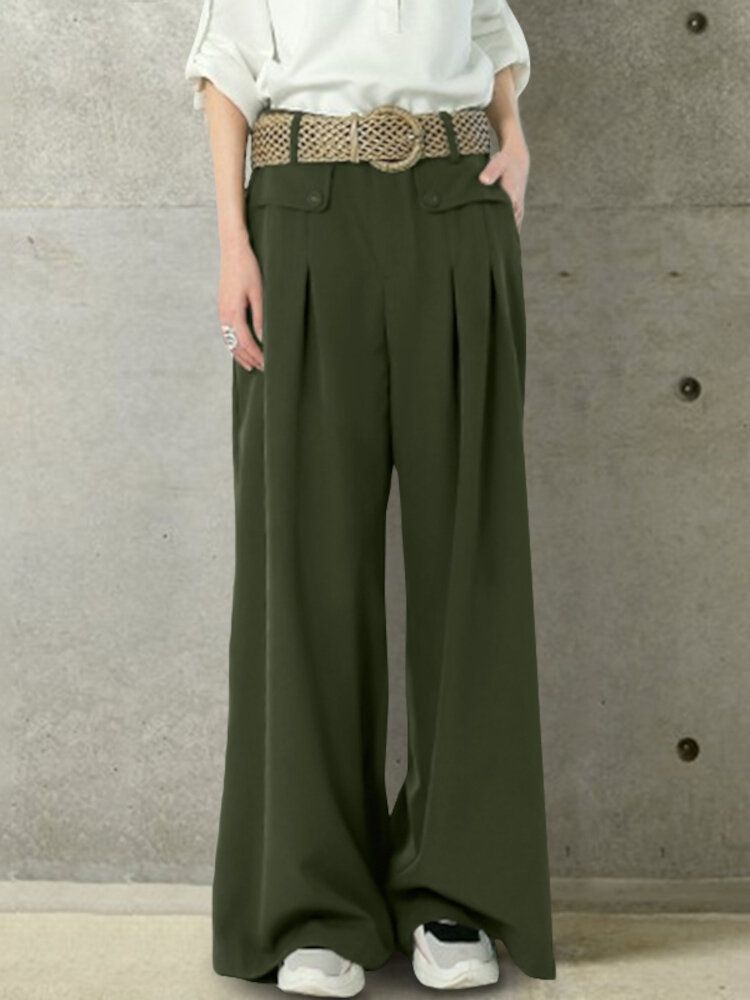 Pantalon Décontracté Ample À Jambe Large Avec Bouton De Couleur Unie Pour Femmes Avec Poche