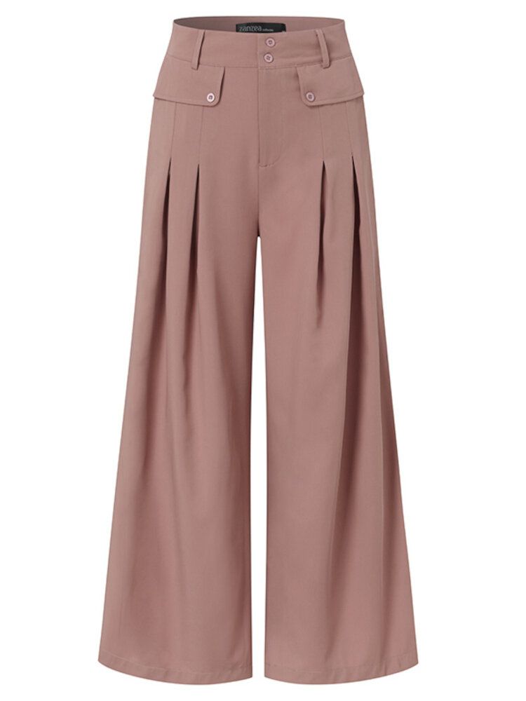 Pantalon Décontracté Ample À Jambe Large Avec Bouton De Couleur Unie Pour Femmes Avec Poche