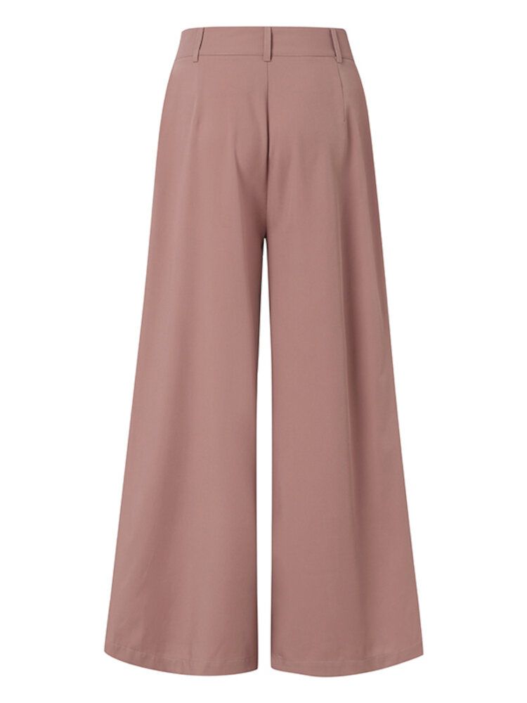 Pantalon Décontracté Ample À Jambe Large Avec Bouton De Couleur Unie Pour Femmes Avec Poche