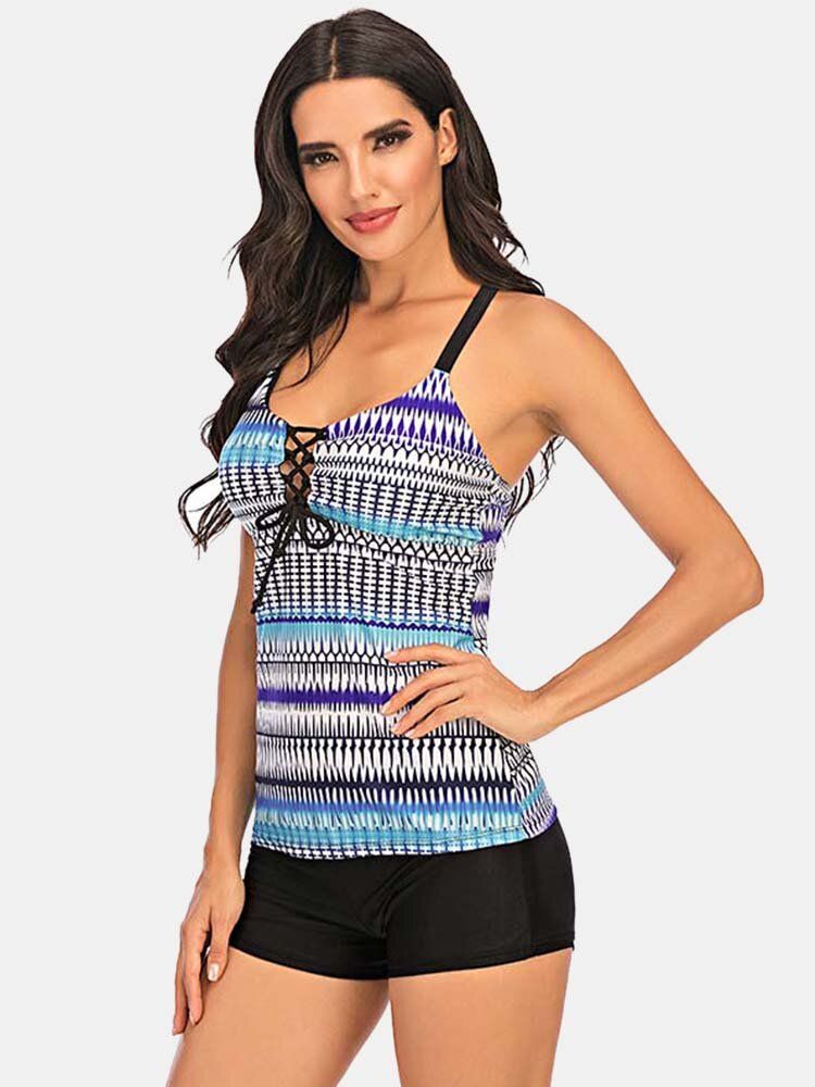 Plus Size Women Ethnic Print Front Bandage Criss-cross Tankini Cover Belly Beachwear