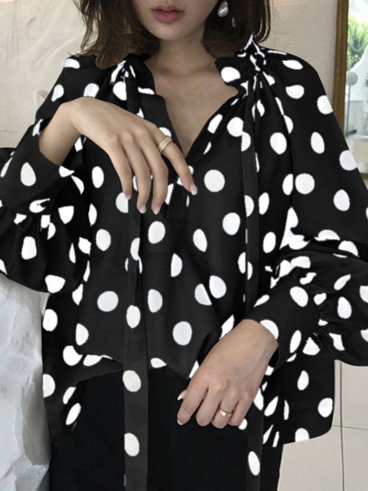 Polka Dots Impression Lanterne Manches Décolleté Noeud Papillon Chemisier Décontracté Pour Femmes