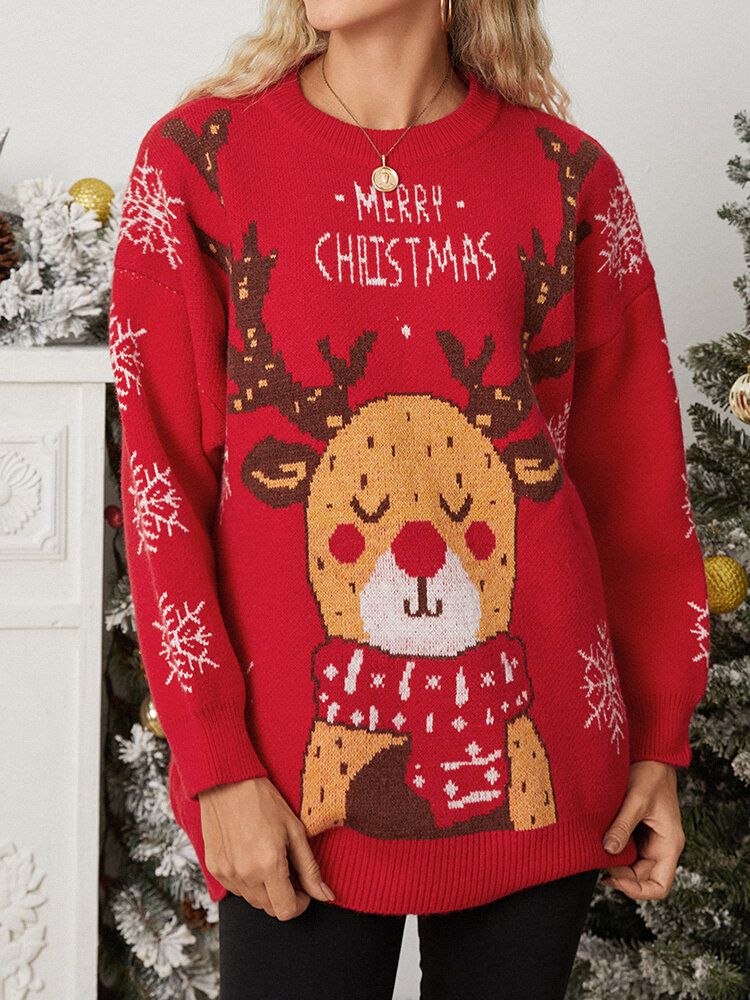 Pull Col Rond Flocon De Neige Imprimé Animal De Dessin Animé Pour Femmes