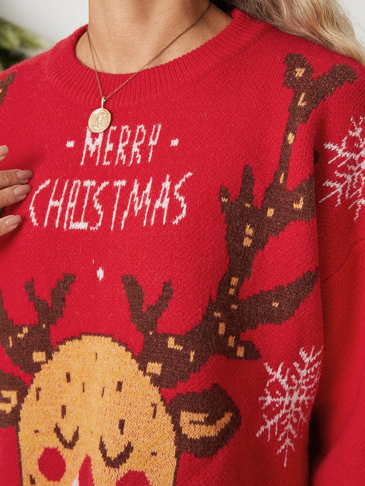 Pull Col Rond Flocon De Neige Imprimé Animal De Dessin Animé Pour Femmes