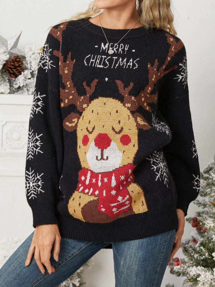 Pull Col Rond Flocon De Neige Imprimé Animal De Dessin Animé Pour Femmes