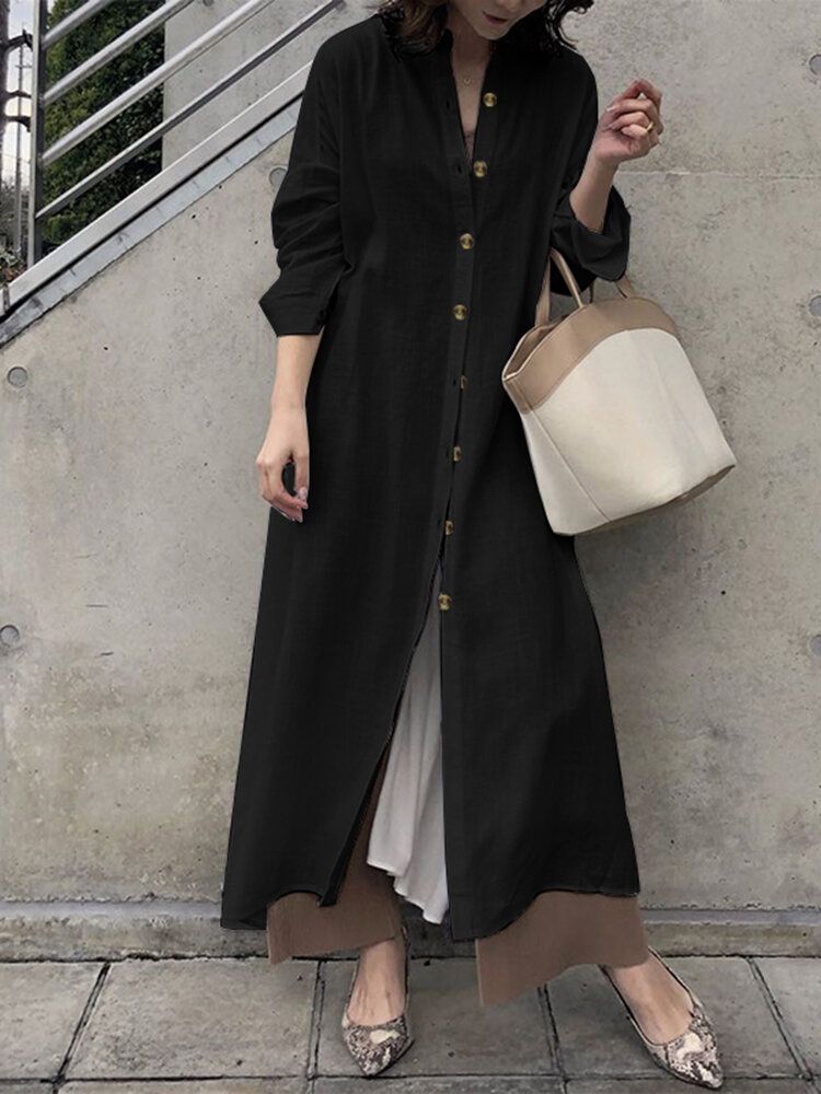 Robe Chemise Boutonnée À Manches Longues Et Col Montant Pour Femme