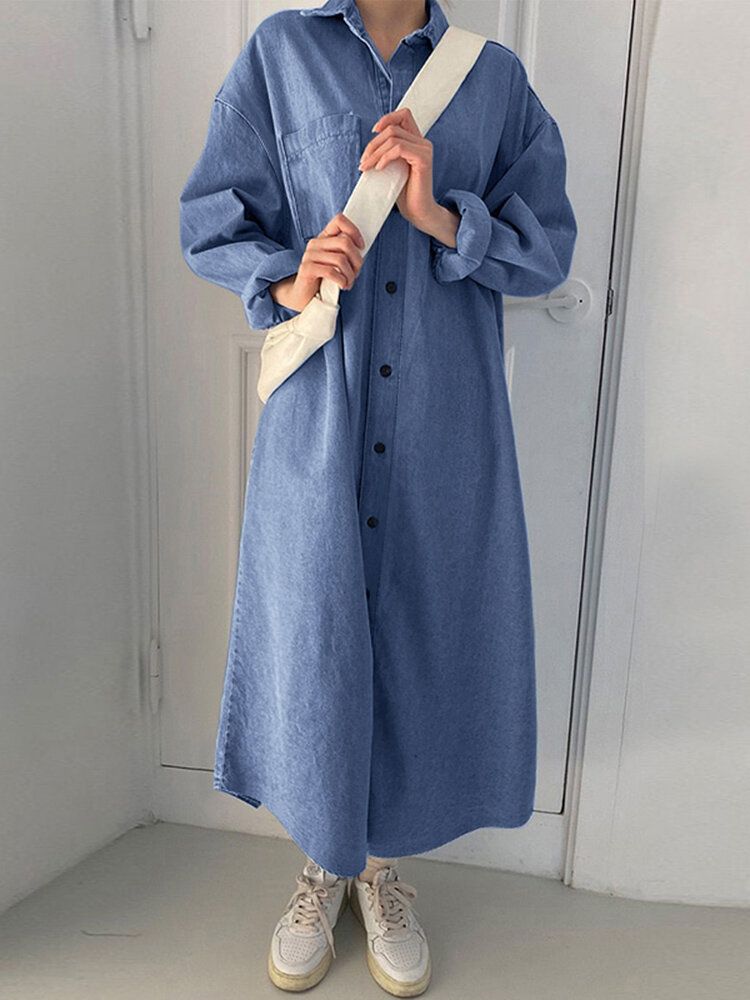 Robe Chemise En Denim À Revers Lâche Avec Poche Boutonnée