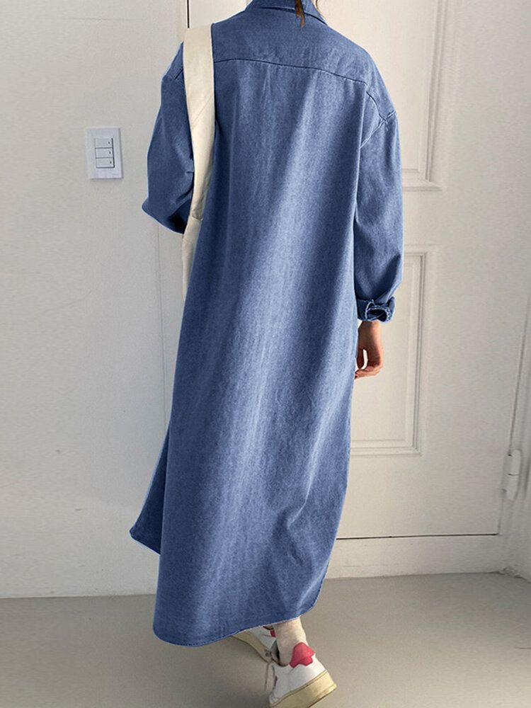 Robe Chemise En Denim À Revers Lâche Avec Poche Boutonnée