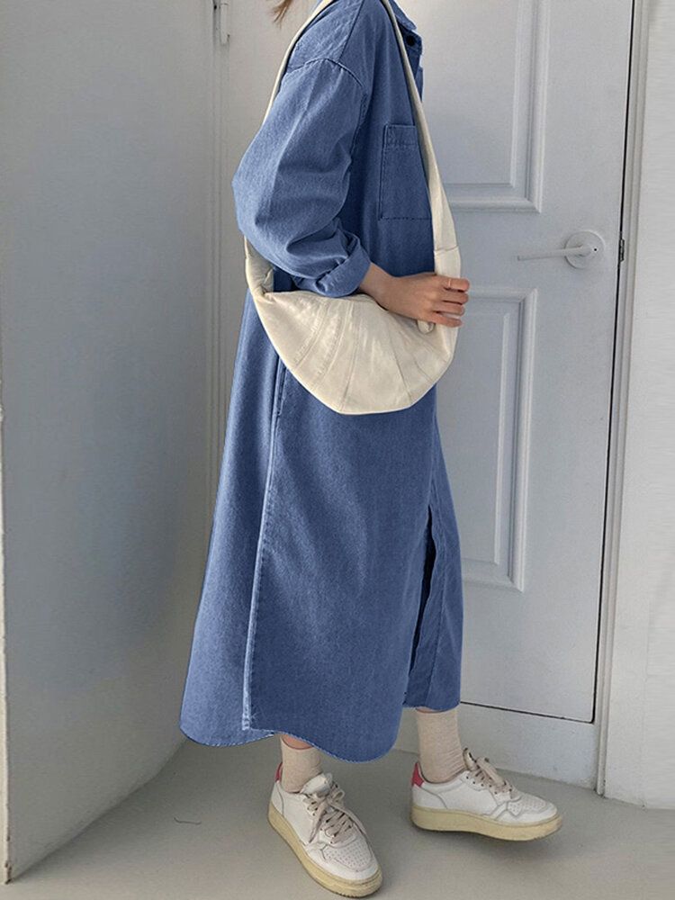 Robe Chemise En Denim À Revers Lâche Avec Poche Boutonnée