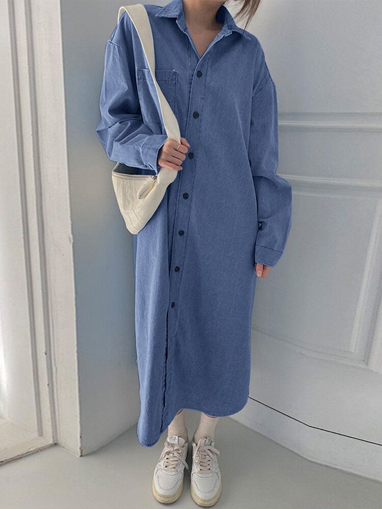 Robe Chemise En Denim À Revers Lâche Avec Poche Boutonnée