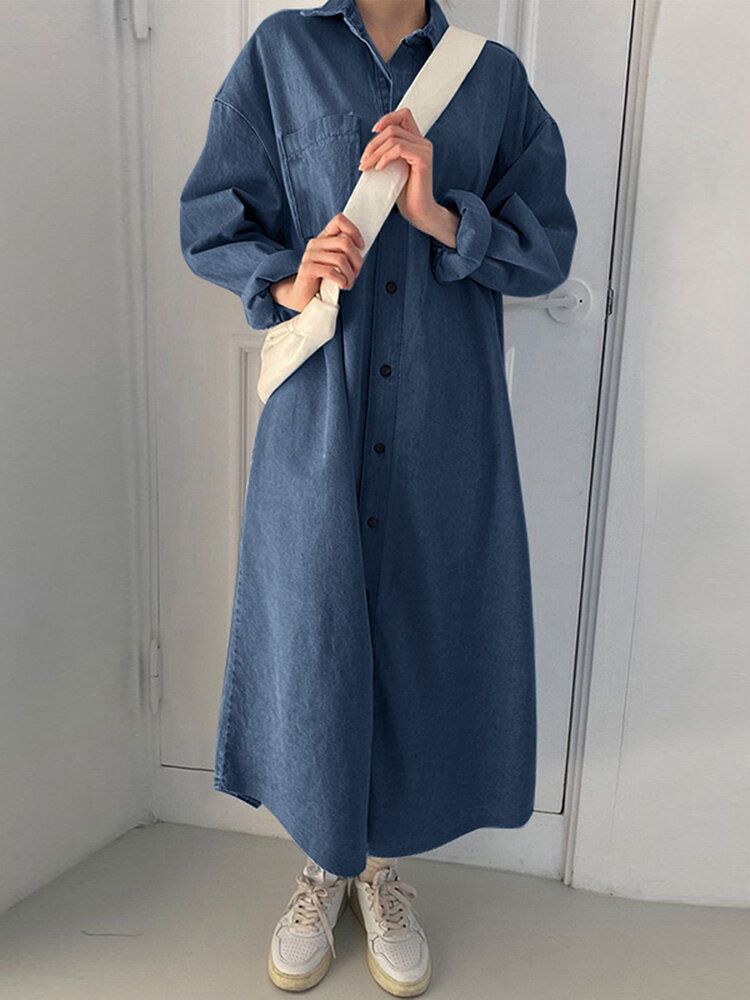 Robe Chemise En Denim À Revers Lâche Avec Poche Boutonnée