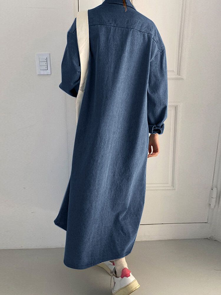 Robe Chemise En Denim À Revers Lâche Avec Poche Boutonnée
