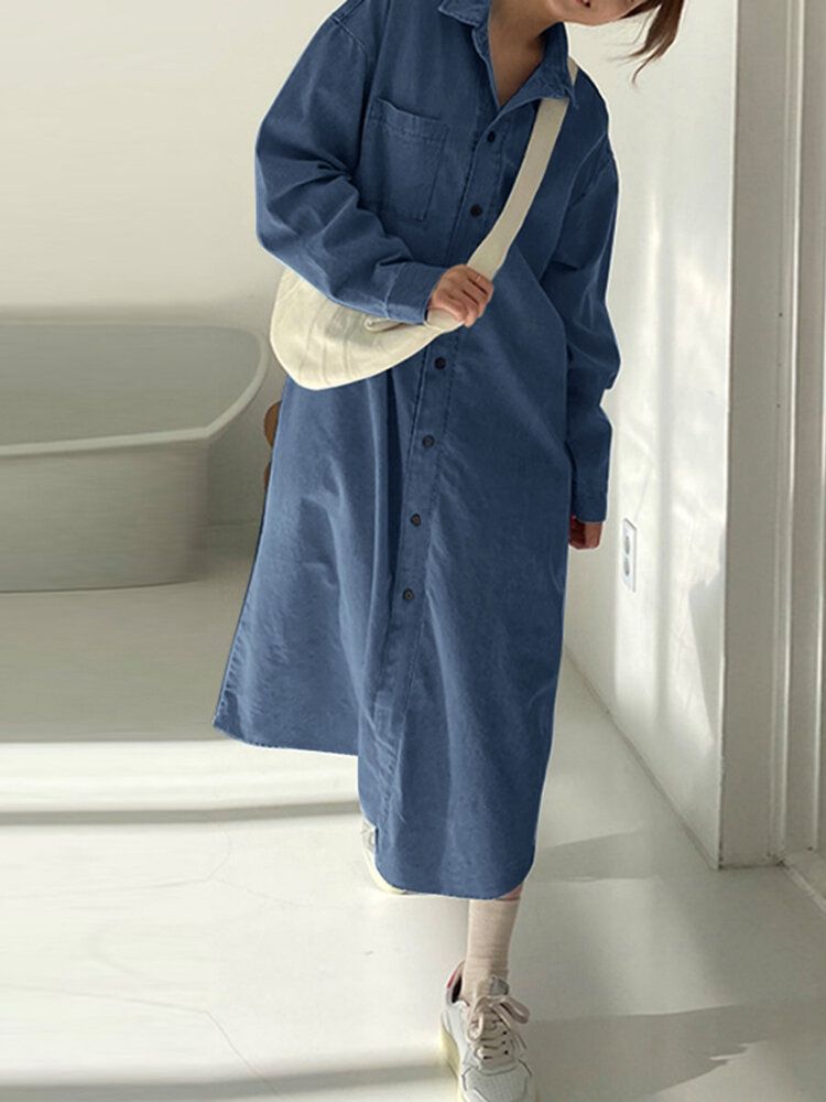 Robe Chemise En Denim À Revers Lâche Avec Poche Boutonnée